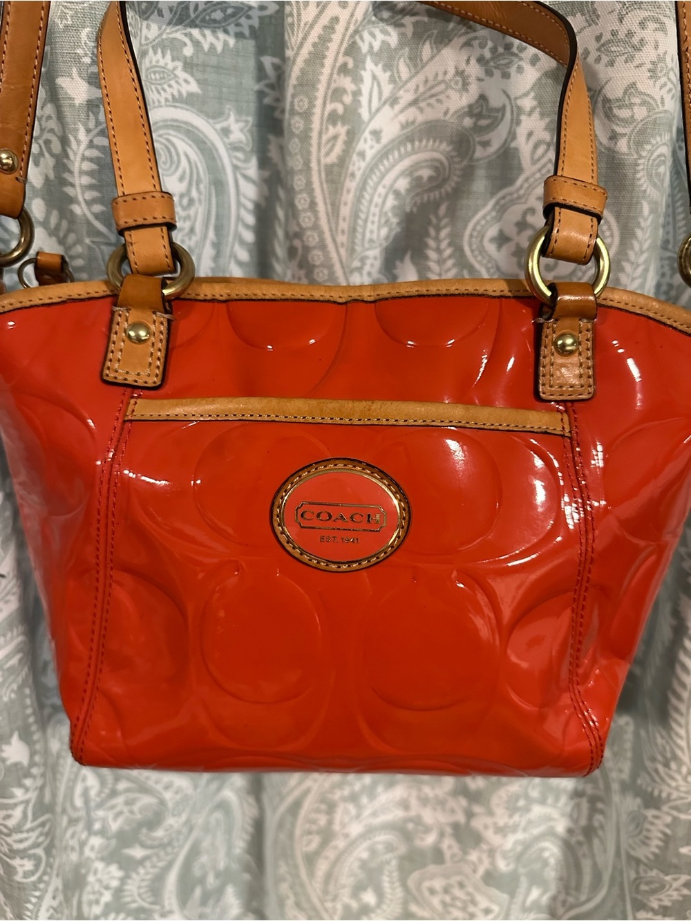 Coach Patent Leather Tote in Orange with Tan Trim